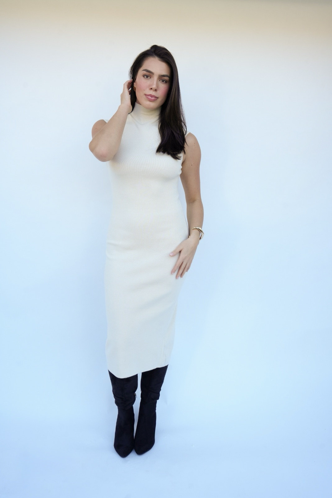 white mock neck midi dress MESA SLOUCHY MOCK NECK MIDI DRESS | WHISPER