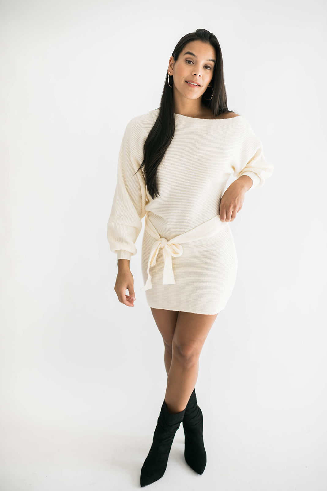 sweater dress ivory Mirth Jackson Ivory Sweater Dress with Deep V-Neck