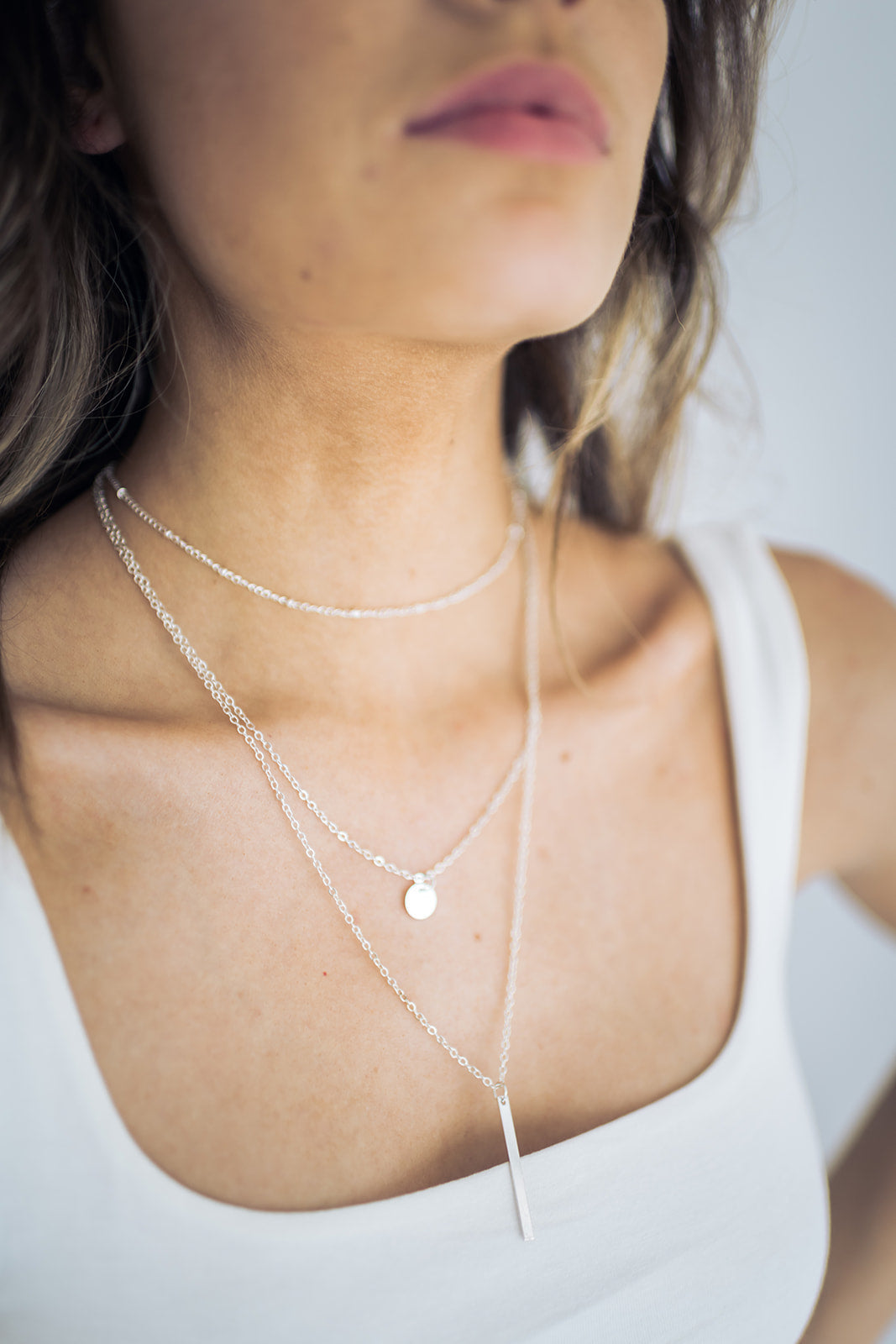 Bar Pendant Triple Layer Necklace in Silver